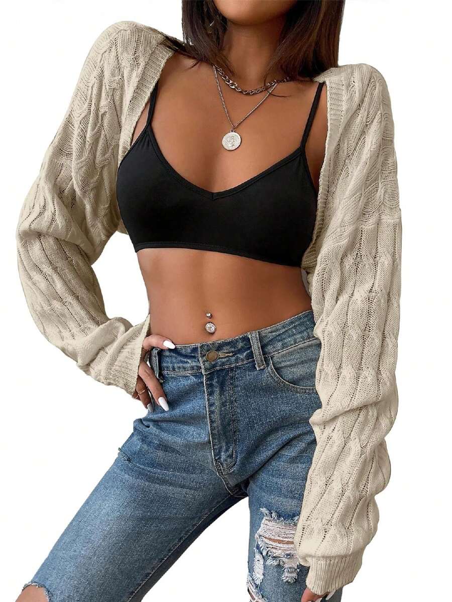 Womens Long Sleeve Open Front Crop Cardigan Sweater Drop Shoulder Shrugs Knit Bolero Sweaters Tops Outwear - 灰杏仁 - 查看 1