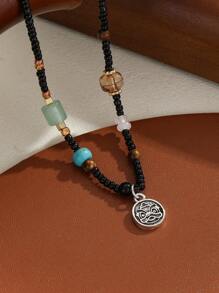 1pc Vintage Bohemian Natural Stone Handmade Beaded Lion-shaped Pendant Necklace - Black - View 3