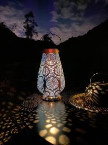 1pc Solar Power Iron Hollow Lantern Lamp, Decorative Garden Path Light, Simple Countryside Landscape Lighting With Hollow Floral Pattern, Auto On/Off, No Electricity Required