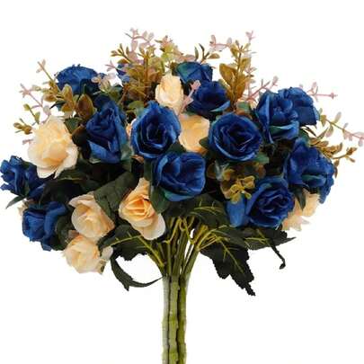 MEHELANY 2支/1束/13英寸人造玫瑰花，塑料尤加利花束，秋季装饰，蓝色人造花，仿真植物，情人节花瓶，家居婚礼装饰，户外花园婚礼花束，客厅DIY花环，家居用品