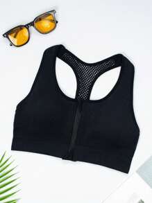 EMUPER 1pc Women's Black Zipper Padded Seamless Elastic Sports Bra - Black - View 5