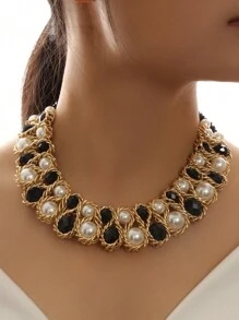1pc Fashionable Crystal Pearl Beaded Double Row Necklace For Women