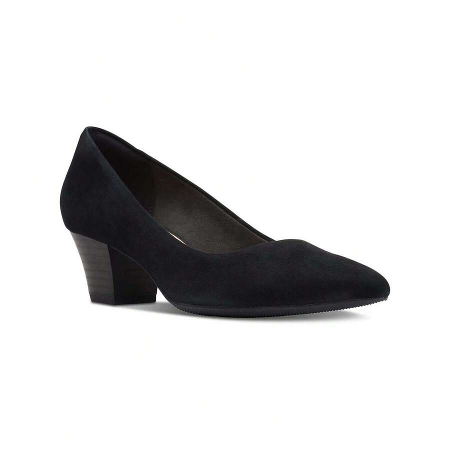 Clarks Teresa Step 女式麂皮尖头粗跟鞋 - 黑色 - 查看 1