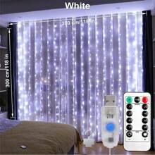 300Led 窗帘灯，8 种模式派对窗户仙女灯带遥控器，USB 插入式串吊灯适用于卧室婚礼派对户外室内墙壁装饰、圣诞节 - 冷白 - 查看 1