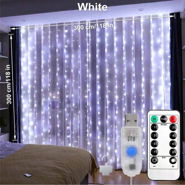 300Led 窗帘灯，8 种模式派对窗户仙女灯带遥控器，USB 插入式串吊灯适用于卧室婚礼派对户外室内墙壁装饰、圣诞节
