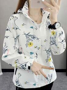 Women's Hooded Camouflage Windbreaker Jacket With Plant Print, Long Sleeve For Outdoor Sports Workout Jacket
