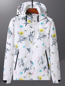 Women's Hooded Camouflage Windbreaker Jacket With Plant Print, Long Sleeve For Outdoor Sports Workout Jacket