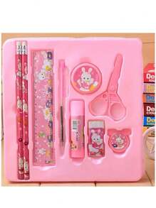 9 Stück/Set Koreanischer Stil Cartoon Schreibwaren Set Geschenkbox, kreative Schul-Zubehör Geschenke, beinhaltet Bleistifte, Anspitzer, Radiergummi, Lineal, Kugelschreiber usw., geeignet als Party-/Weihnachts-/Geburtstaggeschenk