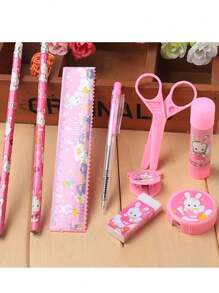 9 Stück/Set Koreanischer Stil Cartoon Schreibwaren Set Geschenkbox, kreative Schul-Zubehör Geschenke, beinhaltet Bleistifte, Anspitzer, Radiergummi, Lineal, Kugelschreiber usw., geeignet als Party-/Weihnachts-/Geburtstaggeschenk