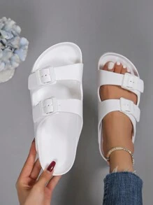 Women's Fashion Beige Flat Sandals, Adjustable Double Buckle EVA Lightweight Slide Slippers With Buckle, Non-Slip Durable Soft Comfortable Shock-Absorbing Outdoor Beach Flip Flops