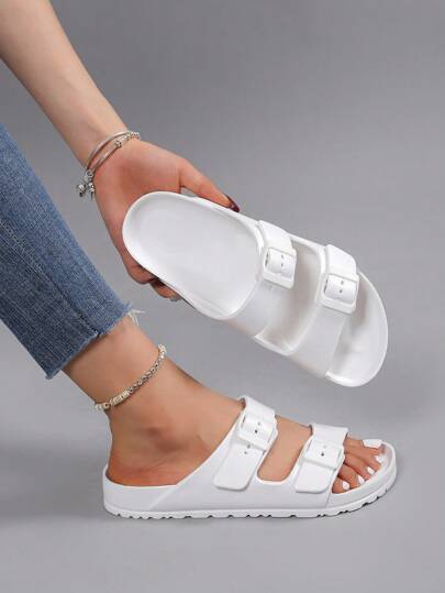 Women's Fashion Beige Flat Sandals, Adjustable Double Buckle EVA Lightweight Slide Slippers With Buckle, Non-Slip Durable Soft Comfortable Shock-Absorbing Outdoor Beach Flip Flops