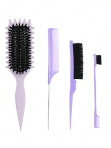 4pcs Curly Hairbrush Set With Edge Brush, Rat Tail Comb And Bristle Brush For Women/Men/Kids, Suitable For All Hair Types Black Pink Purple,Hair Brush,Comb,Hair Tools,Hair Products And Accessories For Barber Salon Beauty Travel Essentials