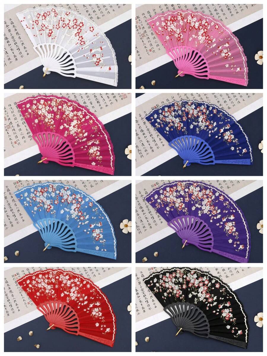 1 件女式梅花图案中国风刺绣流苏塑料折扇，适合日常使用 - 彩色 - 查看 1