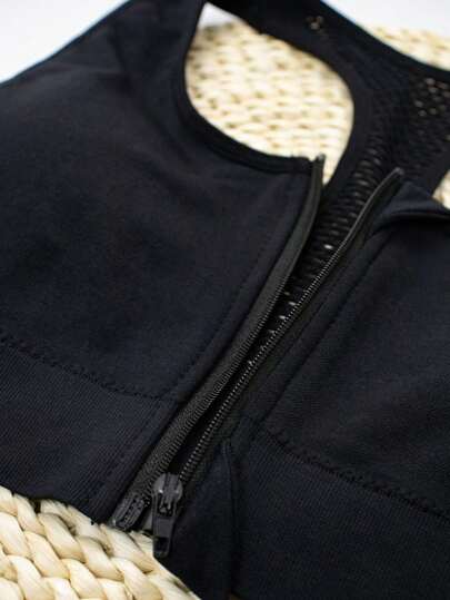 1pc Zwart Zipper Padded Seamless Elastic Sports BH view 7