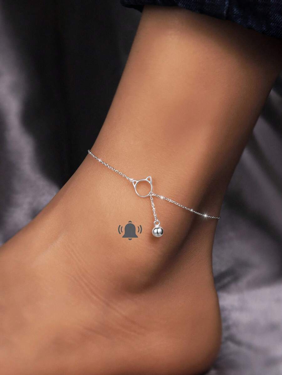 ELSEDES 1pc Fashionable Sweet Style S925 Silver Cat-Shaped Bell Anklet With Sound, Elegant And Charming For Women's Summer And Date Outfits Holiday - Silver - View 1