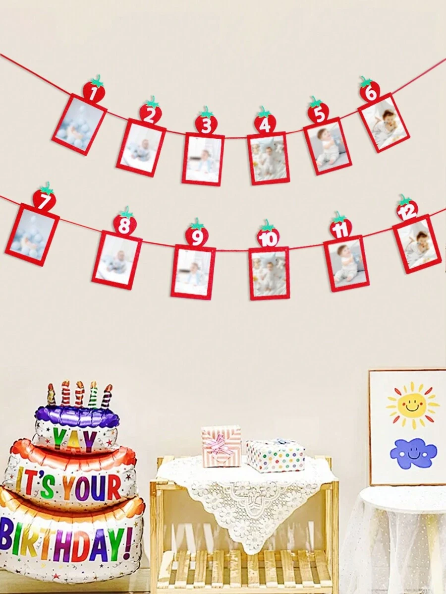 1 件草莓主题 1 岁生日派对用品、每月里程碑相框横幅、甜蜜宝贝派对月度横幅、圣诞节 - 紅色 - 查看 1