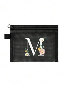 1个黑色网眼袋，雏菊图案，可定制字母A-Z，透明网眼化妆品收纳袋，多功能旅行便携袋，护肤品和化妆品收纳袋，学生文具袋，网眼拉链袋，旅行化妆品包装收纳袋，简约时尚，适合珠宝收纳、住宿、旅行、商务、游泳和家居收纳。 - 黑色 - 查看 11