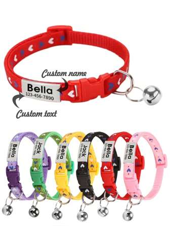 1 st personligt hjärttryckt katthalsband, tillverkat av nylonmaterial, anpassningsbart med husdjursnamn, kontaktinformation, adress etc., graverad anti-förlorad husdjursbricka, lämplig för små till medelstora katter. Dekorativt snyggt, moderiktigt, färgglatt, vintage, sött, kontrakterat, sötnosar anpassat, unikt, anpassat, personligt husdjur för årsdagar, för födelsedagar