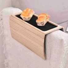 1pc Wooden Sofa Armrest Tray, Foldable Cup Holder, Snack Fruit Platter For Slouchy Couch - Brown - View 3