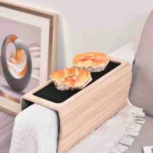 1pc Wooden Sofa Armrest Tray, Foldable Cup Holder, Snack Fruit Platter For Slouchy Couch - Brown - View 1