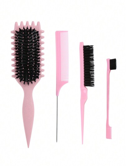 4pcs Curly Hairbrush Set With Edge Brush, Rat Tail Comb And Bristle Brush For Women/Men/Kids, Suitable For All Hair Types Black Pink Purple, Hair Brush For Barber Salon Beauty Back To School, Travel Holiday Essentials, For Women, Brush, Detangling Brush, Ball Brush, Mini Hair Brush Set, Wooden Comb, Slick Back Brush, Hairbrush, Edge Brush Hair Comb, Hair Brush Set, Brush, Hair Brush, Barber, Hairdressing Equipment, Hair Brush, Brush Hair Brush Set, Comb Hair, Comb For Curls, Detangling Brush, Hair Brush For Women, Barbershop, Hairdressing Equipment