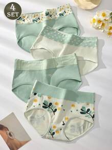 4pcs Women High Waist Soft Printed Briefs, Butt Lifting Comfortable Underwear, Suitable For Plus Size - Multicolor - View 5