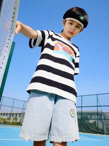 Annil Maglietta estiva a manica corta per ragazzi, casual a blocchi di colore, strisce alla moda, girocollo, top per bambini