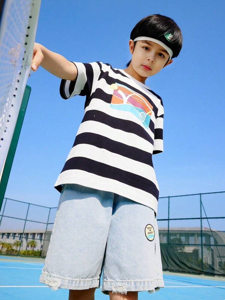 Annil Boys Summer Short Sleeve T-Shirt Casual Color Block Striped Stylish Round Neck Kids Top
