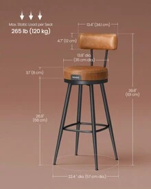 VASAGLE Bar Stools Set Of 2, Bar Height Swivel Bar Stools With Back, Synthetic Leather With Stitching, Mid-Century Modern, 30-Inch Tall, Kitchen Home Bar - màu nâu - Xem 8
