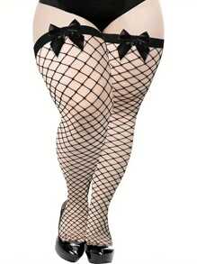 1双女士加大码性感镂空蝴蝶结过膝长筒袜，黑色，舒适袜子