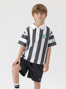 MARC&JANIE 夏季青少年輕盈時尚運動快干條紋短袖Polo衫 - 黑與白 - 查看 2