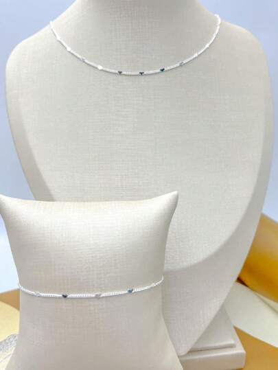 kit colar + pulseira Com detalhe de coração folheado a prata 925