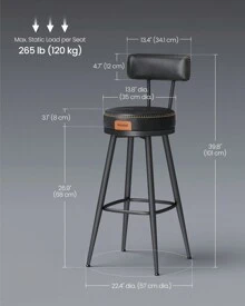 VASAGLE Bar Stools Set Of 2, Bar Height Swivel Bar Stools With Back, Synthetic Leather With Stitching, Mid-Century Modern, 30-Inch Tall, Kitchen Home Bar - 黑色 - 查看 8