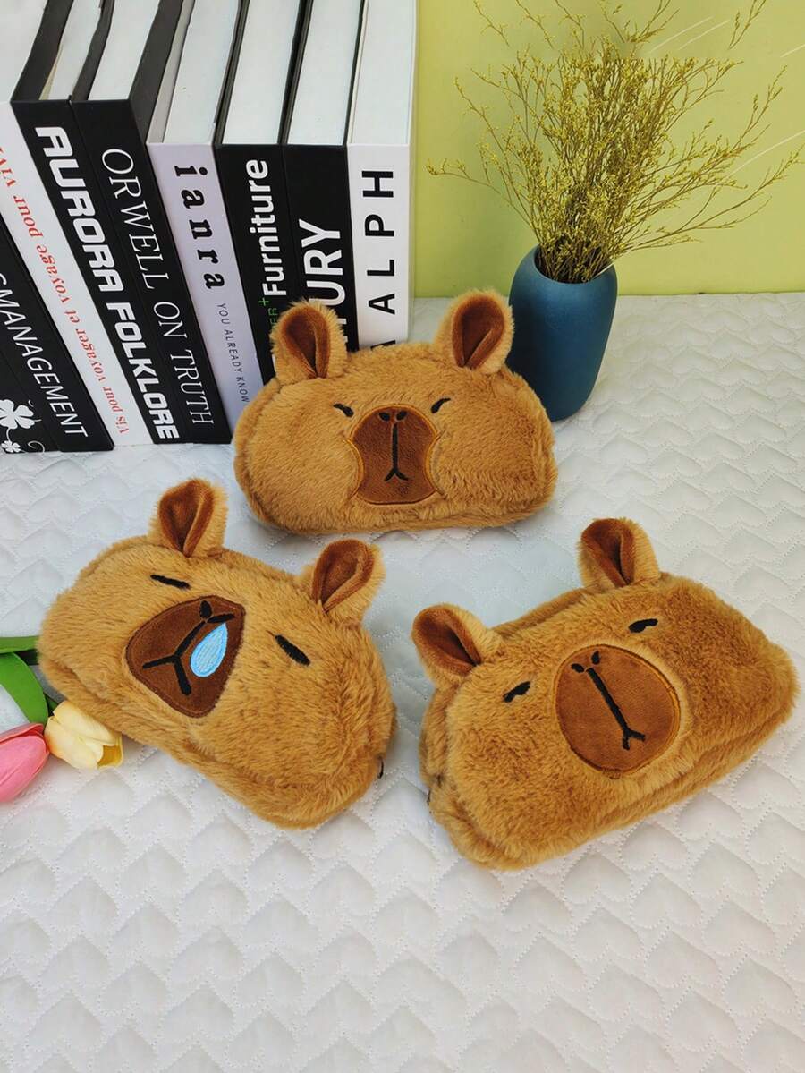 1pc Cute Cartoon Character Kapi Baba Plush Pencil Case, Large Capacity Student Stationery Organizer, Multi-Functional Cosmetic Storage Bag - Multicolor - View 1