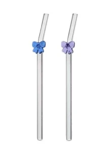 2pcs Colorful Butterfly Shaped Heat-Resistant Glass Straws, Bent Reusable Straws For Girls To Avoid Hot Drinks And Stains, Perfect For Bubble Tea, Juices, And Milk,Kitchen,Christmas Gift