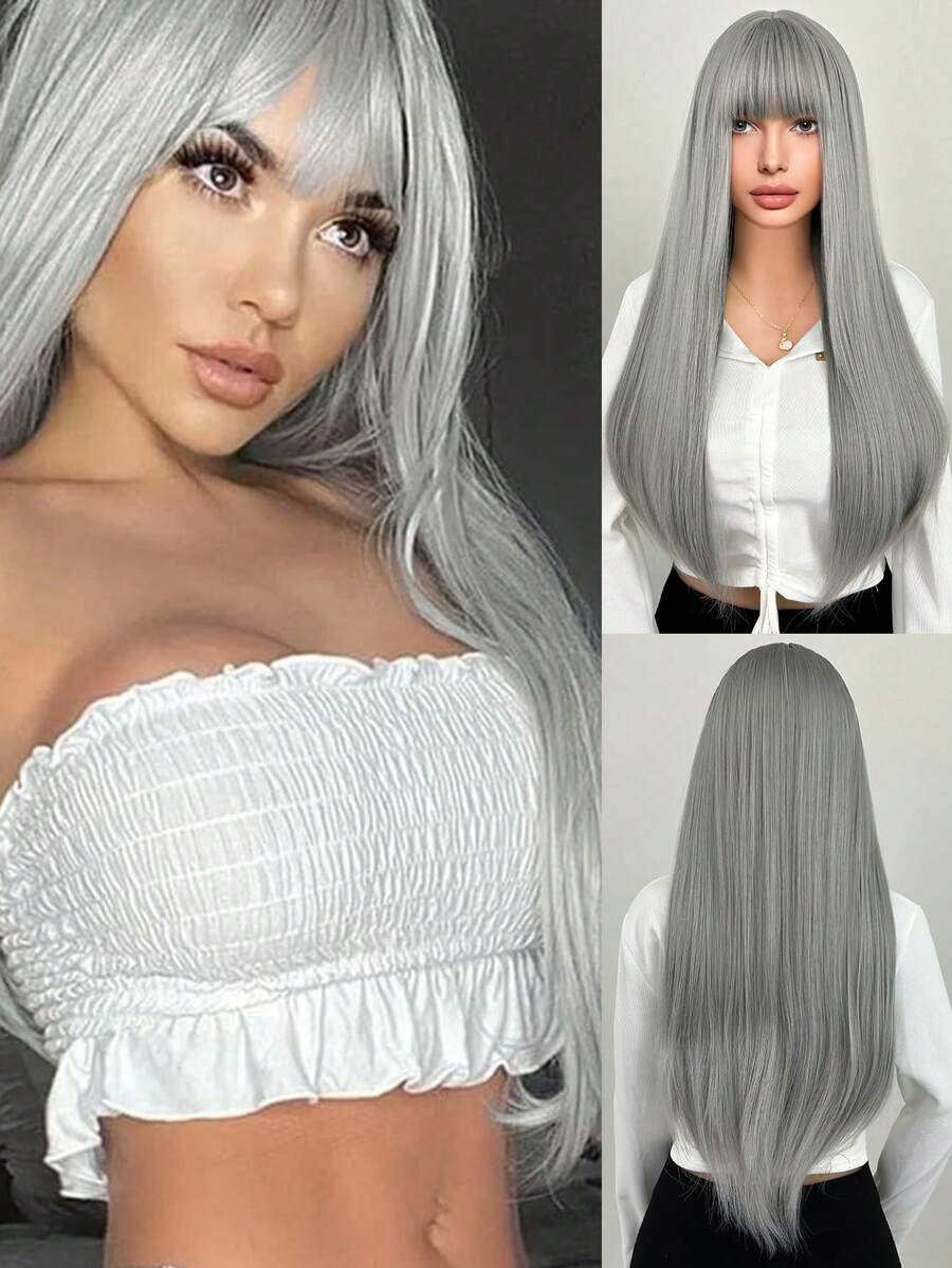 28 "Bộ tóc giả dài thẳng màu xám có tóc mái màu xám nhạt Bộ tóc giả cosplay tổng hợp dành cho nữ, hoàn hảo cho các bữa tiệc hàng ngày - Xám - Xem 1