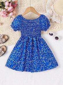 夏季短袖花卉印花年輕女孩休閒橄欖綠中長裙 - 藍色 - 查看 2