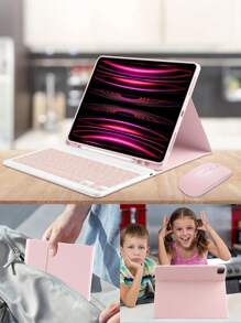 DANYCASE 平板电脑保护套带键盘兼容 iPad Air 11 13 M2 2024 Pro 11 13 M4 2024 Pro 12.9 Air 4 5 10.9 7th 8th 9th 10.2 10th 10.9 Mini 6 内置笔架可拆卸蓝牙键盘无线鼠标 - 粉紅色款 英文鍵盤+滑鼠 - 查看 3