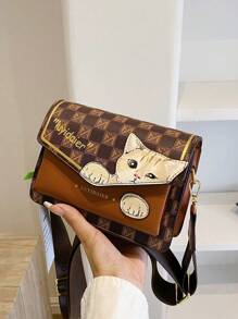 2025 新款可爱猫咪印花斜挎包带双隔层翻盖，女士时尚单肩/斜挎小方包 - 咖啡棕 - 查看 2