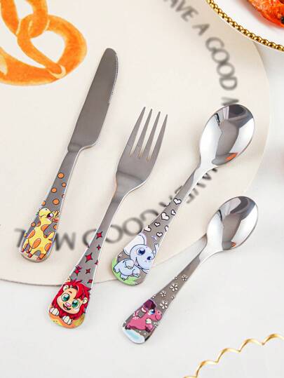 4 pezzi set di posate con decorazione creativa a cartone animato, in acciaio inossidabile, per pasto occidentale e dessert, adatto per cucina, regali di Natale, forniture scolastiche