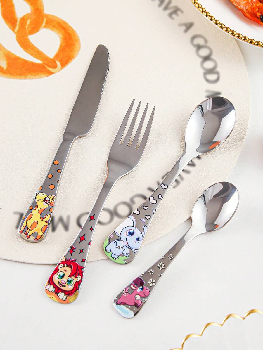 4件套不锈钢创意卡通西餐餐具甜品勺套装，厨房，圣诞礼物，学校用品 - 銀色 - 查看 1