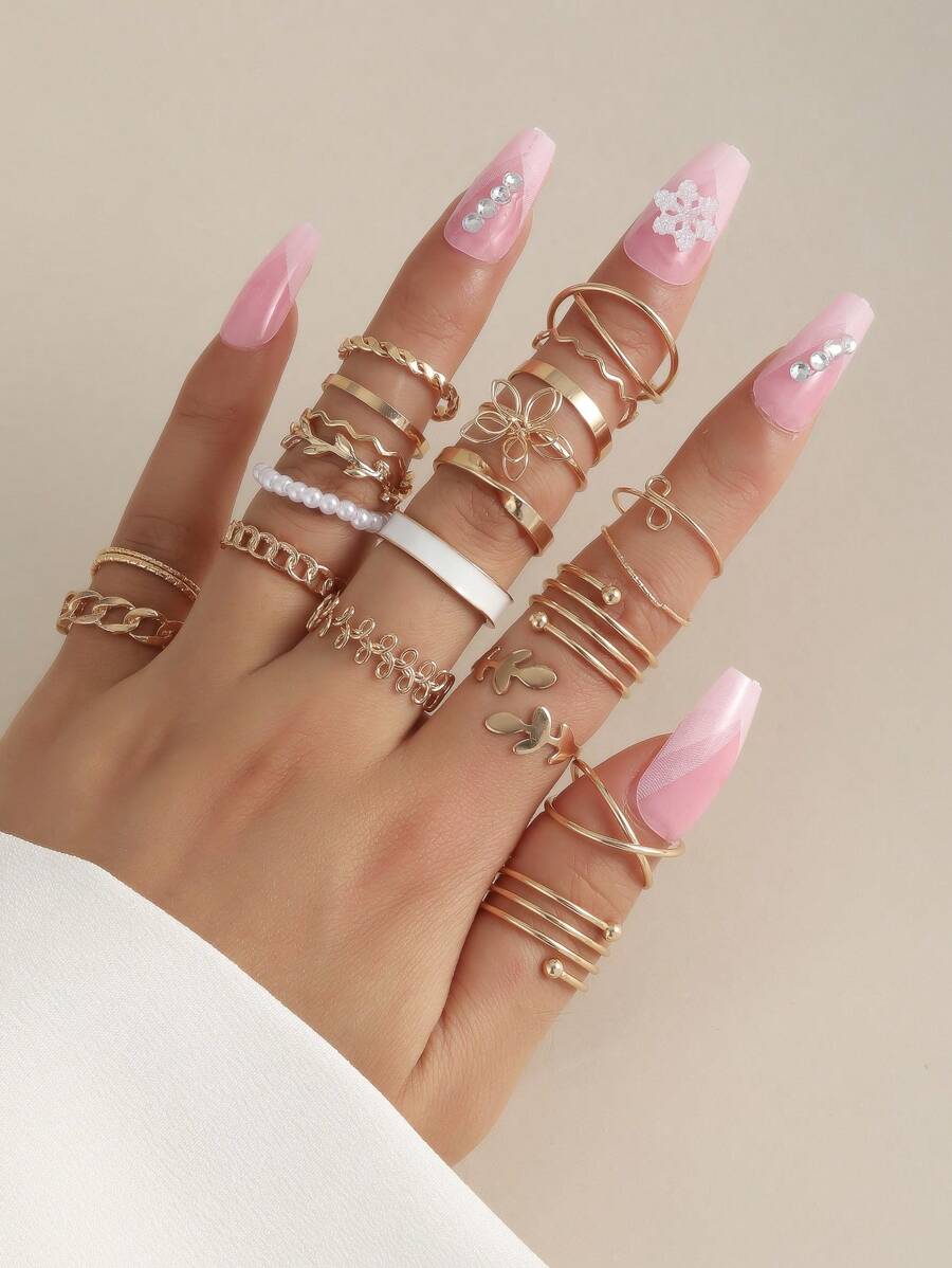 22 Piezas / Set Anillos De Diseño Geométrico De Círculo Simple Y Hueco, Tono Dorado, Conjunto De Joyas Para Apilar - Dorado - Ver 1