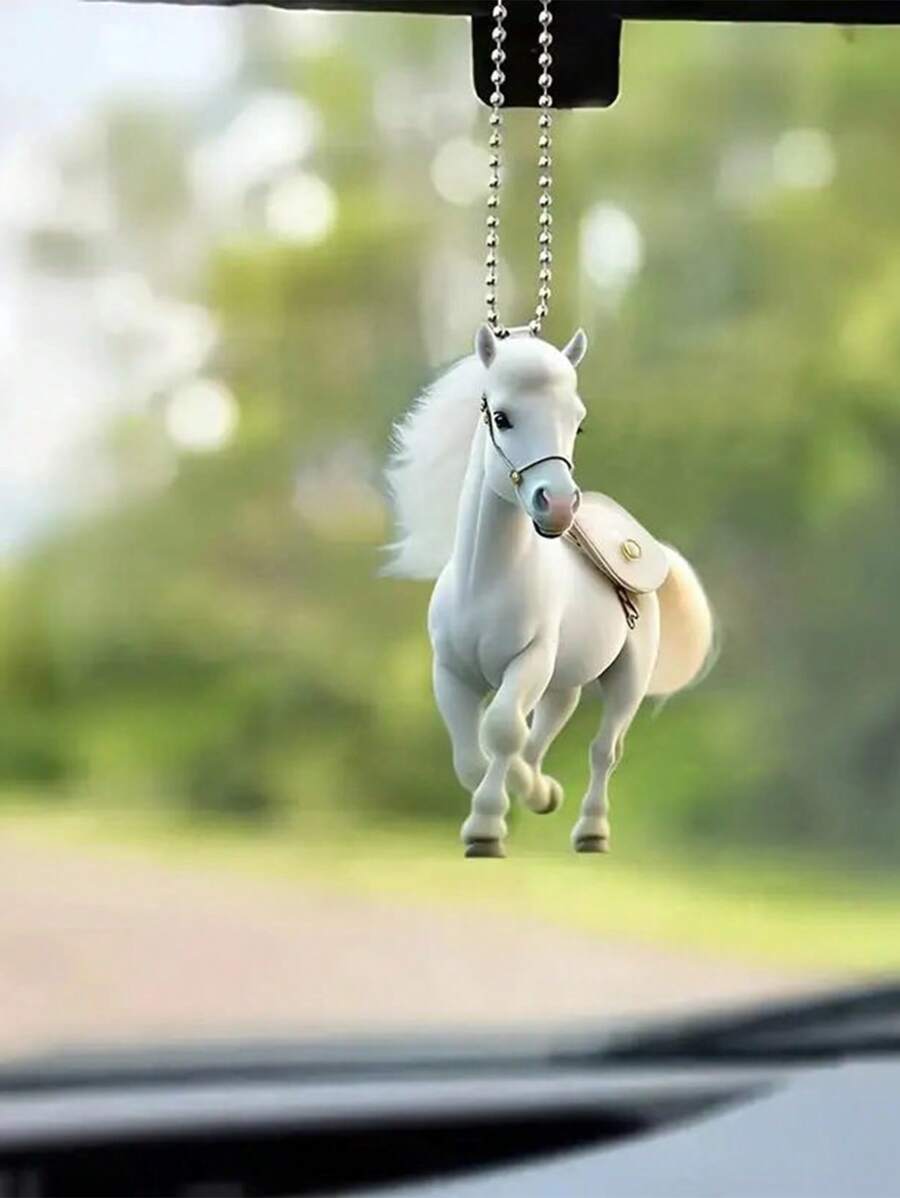 1 件全新白马、猫和狗形状 2D 亚克力扁平吊坠饰品，汽车装饰配件、背包、节日礼物 - 白色 - 查看 1