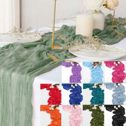 1pc Bohemian Gauze Cheese Cloth Tablecloth With Romantic Sheer Fabric, Suitable For Wedding, Party, Bridal Shower, Cheese Board, Anniversary, Photo Booth, Candy Buffet, Dessert Table, Performance And Ceremony. This  Table Runner Can Also Be Used For Chair Sashes, Home Decor Curtains, Fireplace Mantels, Shelves, Cabinets, TV Stands And Sofas. Made Of High-Quality Polyester, The Soft And Premium Gauze Table Runner Features A Wrinkled Texture And Is Washable Without Fading. With Seamless Design, Delicate Edges And Stitches, It Is Reusable, Lightweight, Transparent And Drapes Nicely. The High-Quality Cheese Cloth Table Runner Can Be Perfectly Draped On Your Dining Table To Add A Romantic And Dreamy Atmosphere, Or To Any Other Home Furniture That Requires An  Touch.