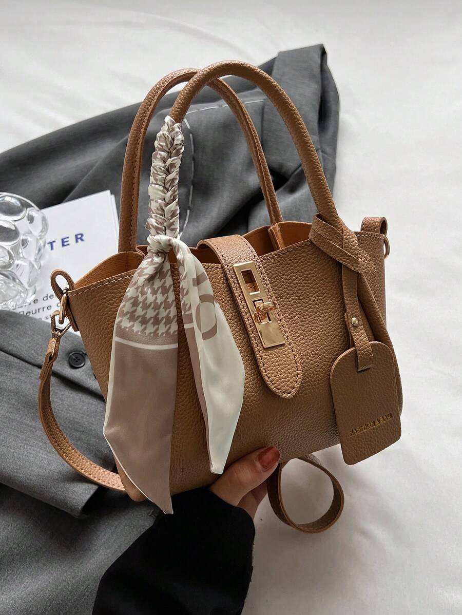 1pc Fashionable And Simple PU Shoulder/Crossbody/Handbag With Buckle And Scarf, For Daily Use - Khaki - View 1