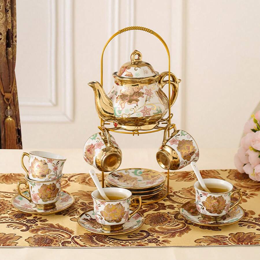 European-Style Tea Set Coffee Cup Saucer Pot Set 6 Pcs Cups 6 Pcs Saucers 6 Pcs Spoons 1 Pc Pot Teapot Teacup With Iron Rack Coffee Cup Rack Cup Holder Household Cup And Saucer Storage Rack For Living Room Table - Multicolor - View 1