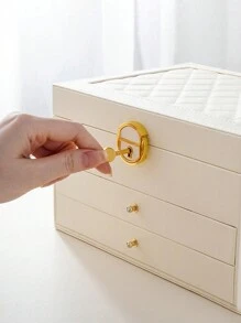 1pc Multifunctional Plaid Princess Cosmetic & Jewelry Box With Lock, Drawer, And Leather Surface For Storing Bracelets, Earrings, Necklaces And Other Accessories Back To School, Room Decor - One Size - View 7