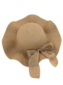 1 peça Chapéu de Sol Feminino de Cor Aleatória, com Aba Ondulada e Fita, Perfeito para Praia, Viagem ou Férias Estilo Bohemio