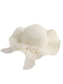 1 peça Chapéu de Sol Feminino de Cor Aleatória, com Aba Ondulada e Fita, Perfeito para Praia, Viagem ou Férias Estilo Bohemio