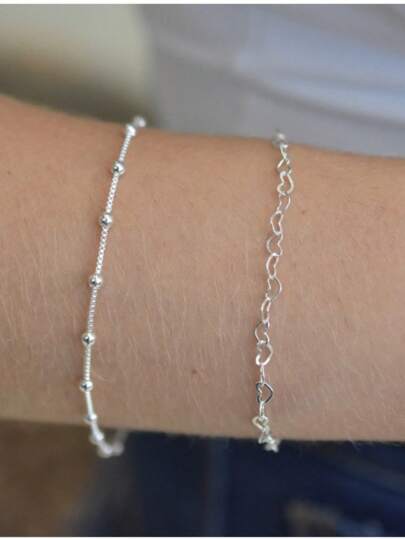 Kit 2 Pulseiras Prata 925 Folheada Coração Conjunto de Pulseira Feminina de Bolinha e Coração